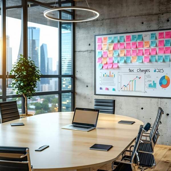 The image depicts a modern office space with sleek minimalist design elements A large round conference table occupies the center surrounded by ergonomic chairs On the table a laptop is open displaying a colorful graph that indicates financial growth